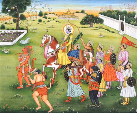 Painting of Epic Ramayana, Lord Rama Hanuman Indian Miniature painting, Watercolor Artwork India ...