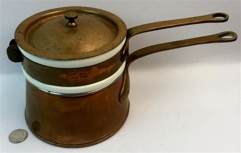 Lot - Antique Bazar Francais "666" Copper and Hall Ceramic Double Boiler w/ Lid