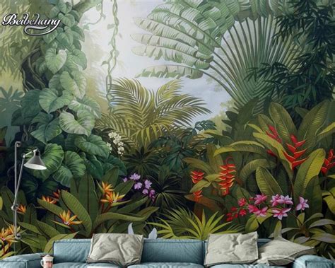 Beibehang Hand painted tropical rainforest background mural 3D living room bedroom home ...