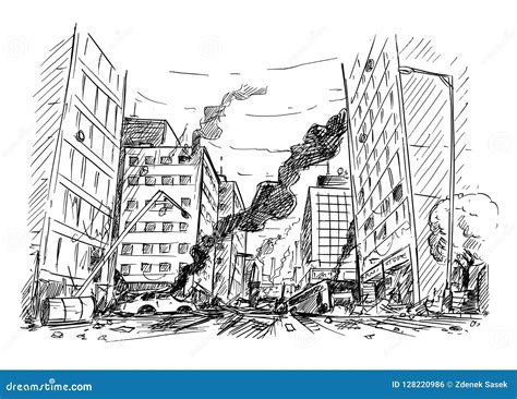 Hand Drawing of City Street Destroyed by War or Riot or Disaster Stock ...