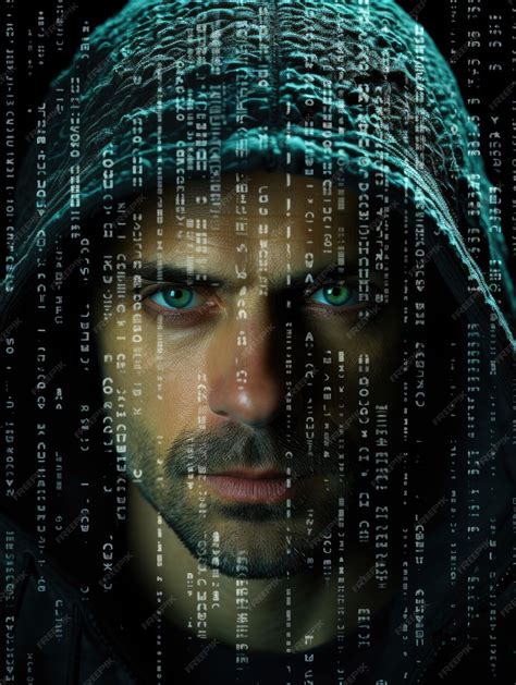 Premium AI Image | closeup portrait of hacker man made of glowing numbers digital math symbols ...