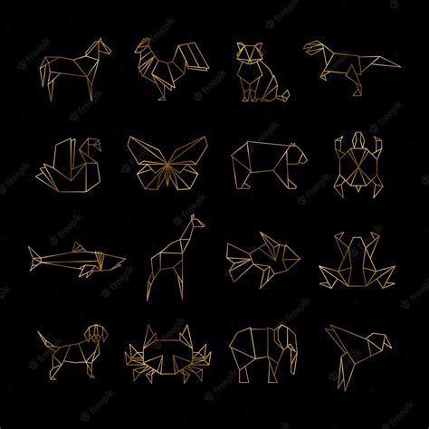 Premium Vector | Golden japanese origami paper animals vector line icons