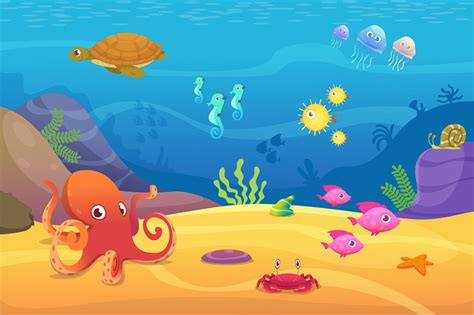 Underwater life. Aquarium cartoon fish ocean and sea animals vector ba ...