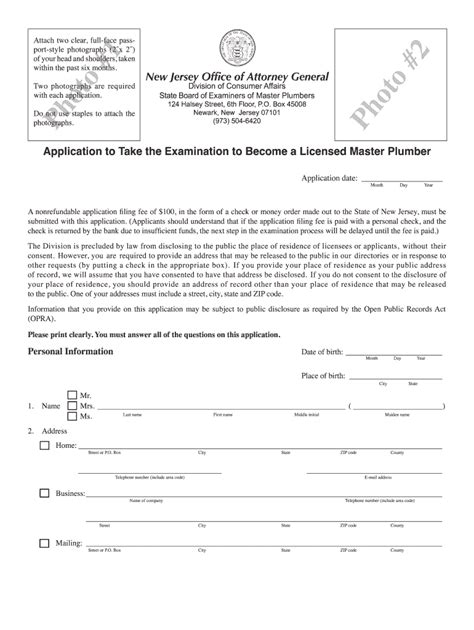 NJ Application to Take the Examination to Become a Licensed Master Plumber - Complete Legal ...