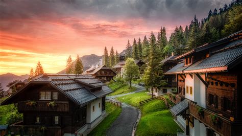 Wooden House Wallpaper 4K, Sunrise, Landscape