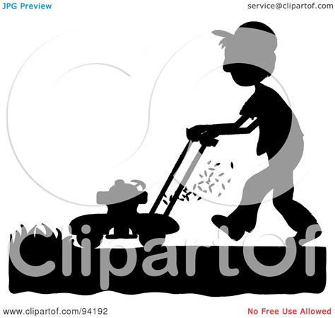 Royalty-Free (RF) Clipart Illustration of a Silhouetted Boy Mowing A Lawn With A Mower by Pams ...