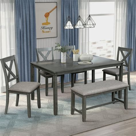 6 Piece Dining Table Set, Modern Home Dining Set with Table, Bench & 4 ...