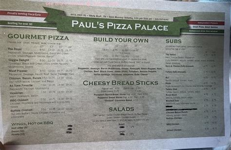 Menu at Paul's Pizza Palace pizzeria, White Bluff