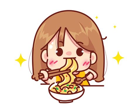 Cute girl eating noodles or ramen restaurant logo concept cartoon character hand draw art ...