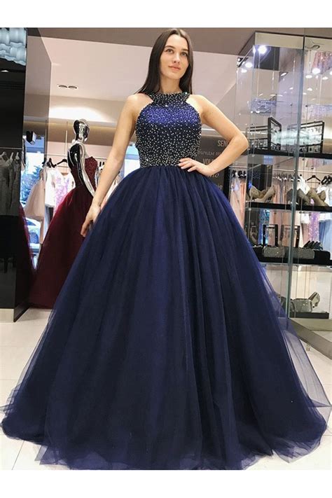 Ball Gown Beaded Long Navy Blue Prom Dress Formal Evening Dresses 601662