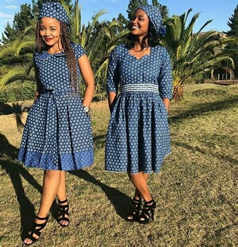 Clipkulture | Tswana Bridesmaids In Blue Pleated Shweshwe Dresses With Headwrap and Black Heeled ...