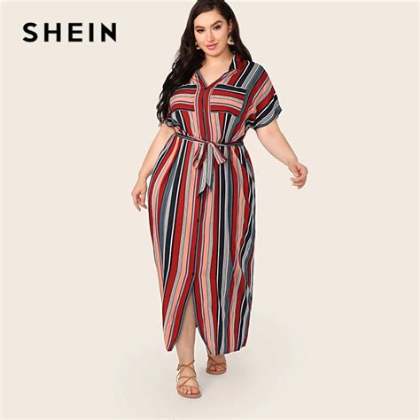 SHEIN Plus Size Multicolor Pocket Patched Belted Striped Shirt Dress 2019 Women Summer Casual ...