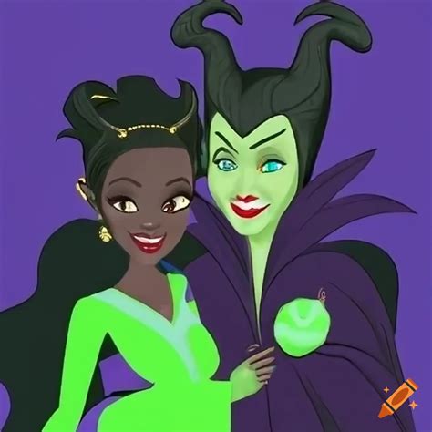 Digital art of queen maleficent and pregnant tiana embracing on Craiyon