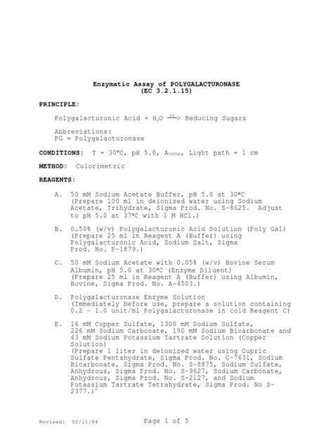 Enzymatic Assay of POLYGALACTURONASE (EC 3.2.1.15) Principle | PDF | Sodium | Buffer Solution