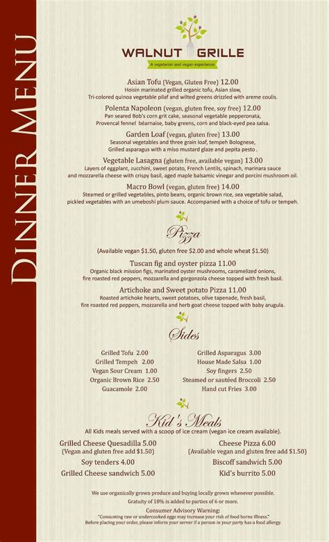 Menu at Walnut Grille restaurant, Newton