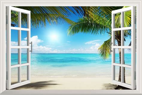 White Sand Beach with Palm Tree Open Window Wall Mural - Peel & Stick Posters | Wall26