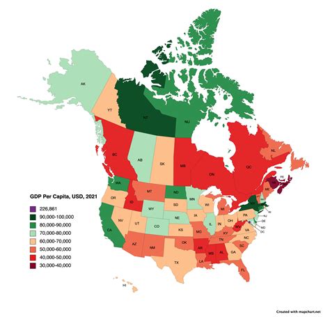 Map of GDP Per Capita in US States and Canadian Provinces [OC] : r ...