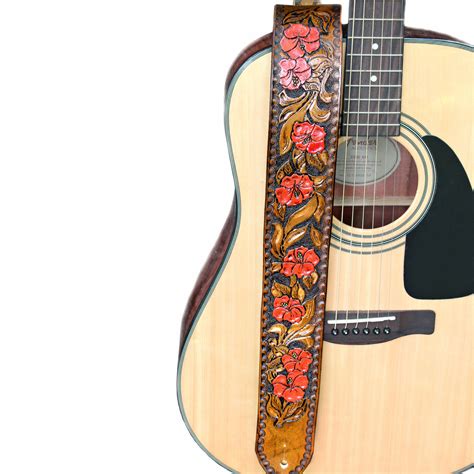 Hibiscus Flower Tooled Leather Guitar Strap