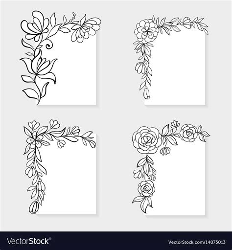 Set of black and white hand drawn corner floral borders. design for holiday greeting card and ...