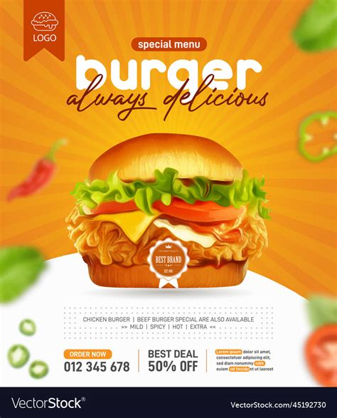 Fresh tasty burger promotion in 3d Royalty Free Vector Image