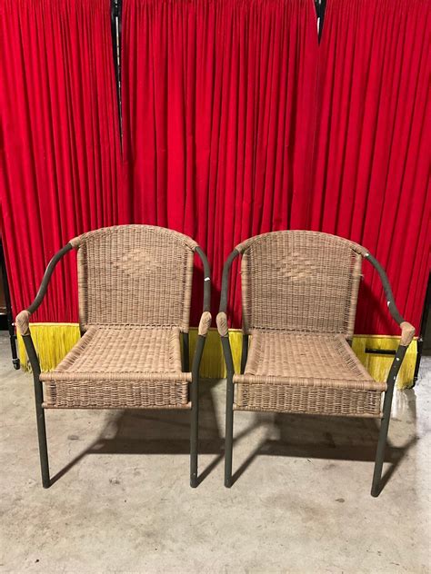 Pair of Modern Black Metal Patio Armchairs w/ Tan | Proxibid