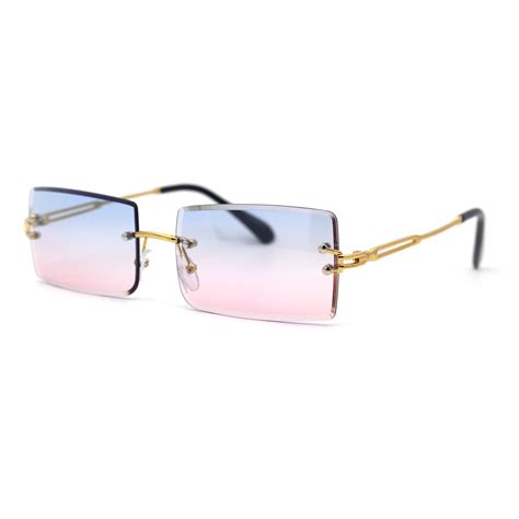 Luxury Hippie Style Rimless Bevel Rectangle Lens Sunglasses Gold Blue ...