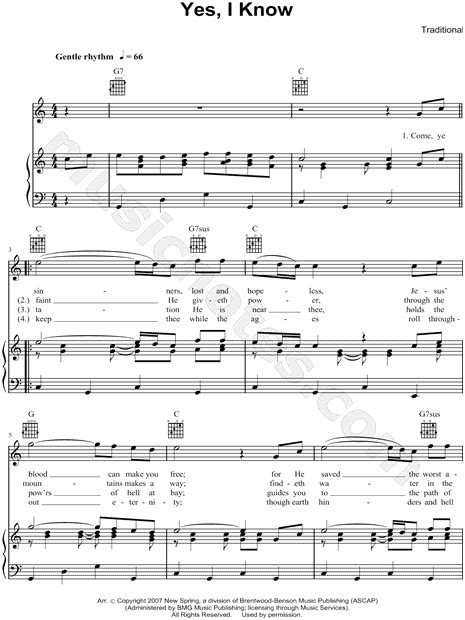 Gaither Vocal Band "Yes, I Know" Sheet Music in C Major (transposable ...