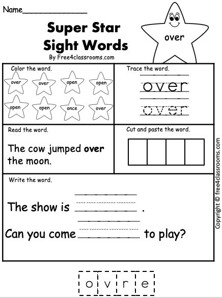 Free Sight Word Worksheet - (over) - Free Worksheets - Free4Classrooms