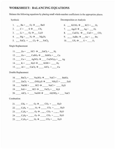 Balancing Chemical Equations Practice Worksheets