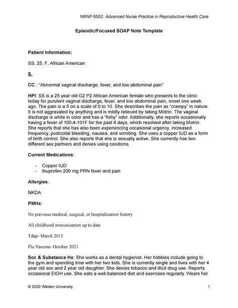 Wk5 soap - soap note about STIs. Includes differential diagnosis. - Episodic/Focused SOAP Note ...