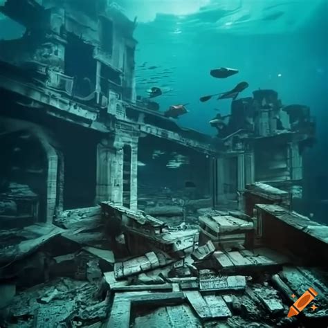 Underwater post-apocalyptic city with destroyed buildings