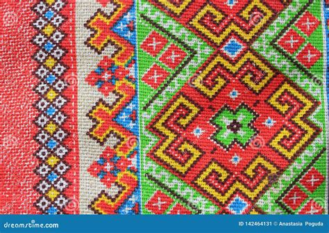 Folk Textile Ornament of Bright Colors, Consisting of Patterns of Geometric Shapes and Lines ...