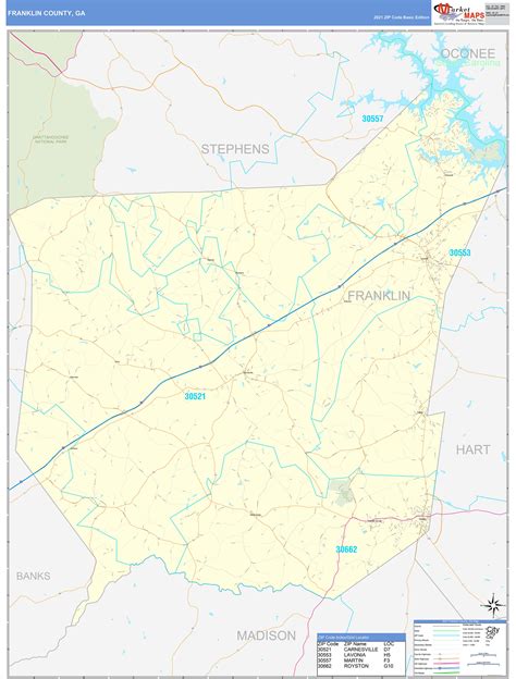 Franklin County, GA Zip Code Wall Map Basic Style by MarketMAPS - MapSales