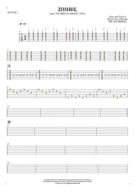 Zombie - Tablature for guitar - guitar 1 part | PlayYourNotes | Guitar tabs songs, Tablature ...