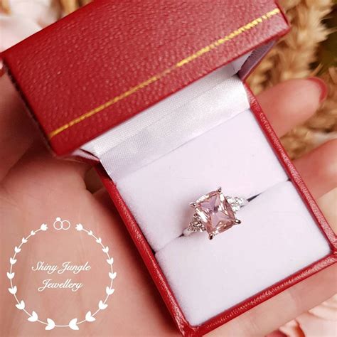 Cushion cut Morganite ring, Morganite engagement ring, three stone Morganite ring, white gold ...