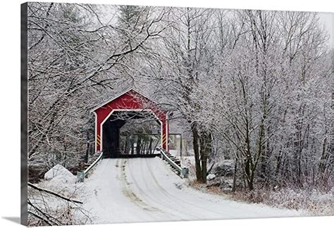 Amazon.com: CANVAS ON DEMAND Red Covered Bridge in the Winter; Adamsville Quebec Canada Canvas ...