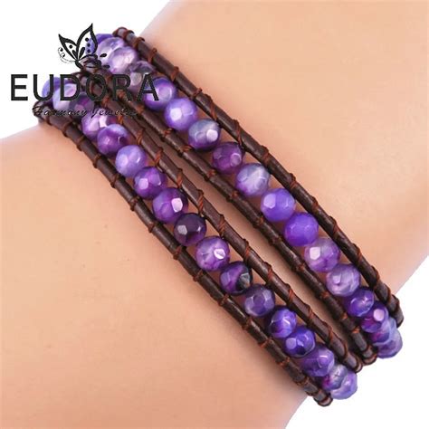 Eudora Women's Purple color Natural Stone Beads Elastic Charm Leather ...