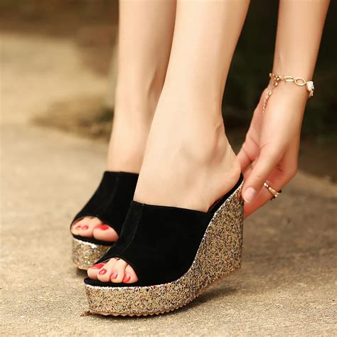 Aliexpress.com : Buy Nice Fashion Sequins High Heel Slippers Women Summer Shoes Suede Platform ...