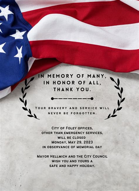 City offices closed May 29, 2023 for Memorial Day - City of Foley