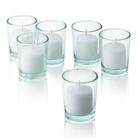 Clear Glass Round Votive Candle Holders with White Votive Candles Burn ...