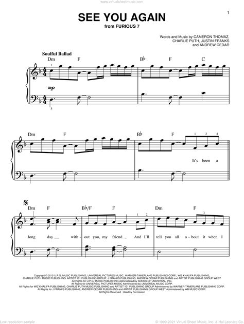 Wiz Khalifa feat. Charlie Puth: See You Again sheet music for piano solo