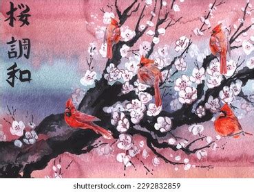 Cardinal Birds Cherry Blossom Flowers Realistic Stock Vector (Royalty Free) 2292832859 ...