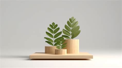 3d Rendering Of Wooden Product Display Podium With Natural Leaves ...