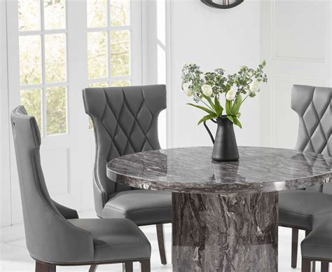 Round grey marble dining table with 4 chairs - Homegenies
