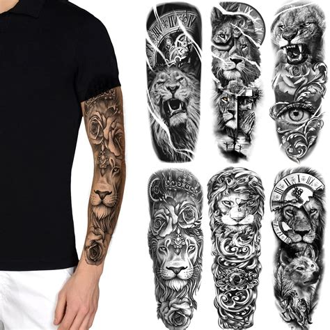 Buy Fake Lion Sleeve Tattoo Stickers, 6-Sheet Full Arm Lion Tiger Wolf Animal Temporary Tattoos ...