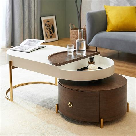 NG Decor Modern Oval Nesting Coffee Table White & Walnut Coffee Table, Center Table with Storage ...