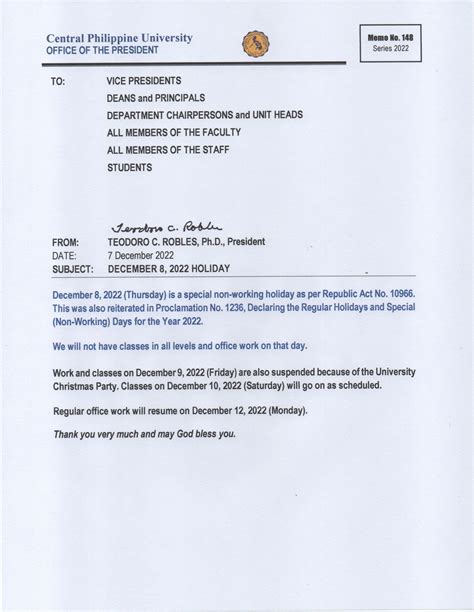 Memo No. 148 Series 2022 December 8, 2022 Holiday - Central Philippine University