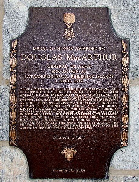 Medal of Honor Plaque for Douglas MacArthur affixed to MacArthur ...