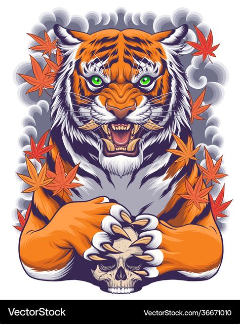 Tiger and skull with japanese style art Royalty Free Vector