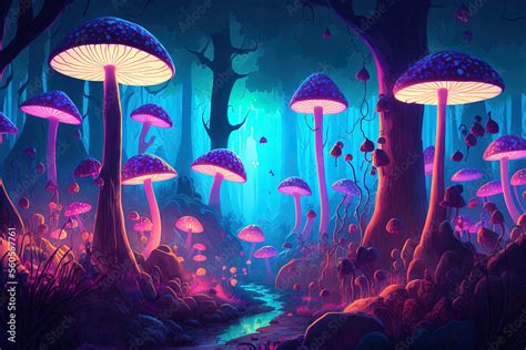 Wonderfully vibrant mushroom forest in Mystery Mountain. Fanciful Background Illustration ...